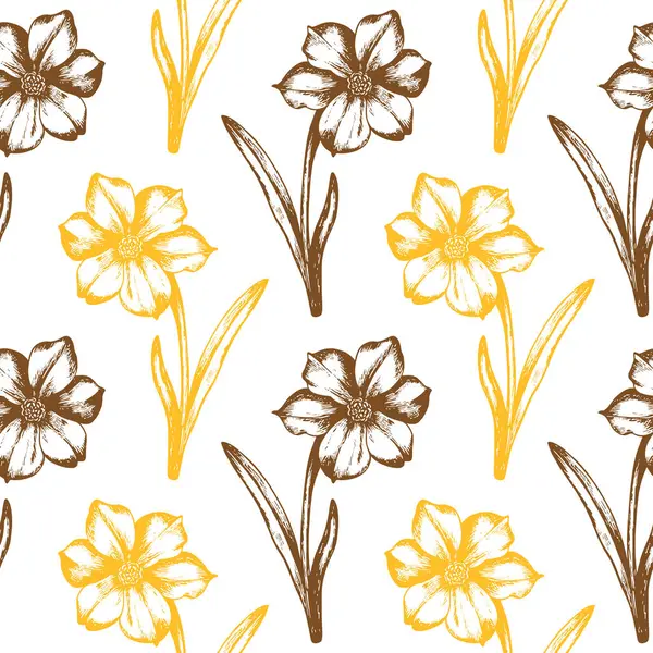 Vintage Bezszwowy Wzór Wiosennymi Kwiatami Żonkil Ilustracja Wektora Narysowanego Ręcznie — Wektor stockowy