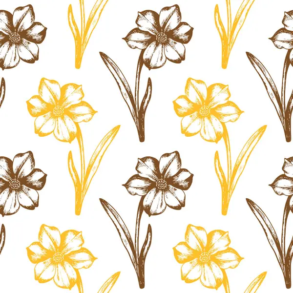 Vintage Seamless Pattern Spring Flowers Daffodil Hand Drawn Vector Illustration Royalty Free Stock Illustrations