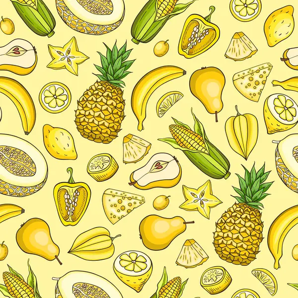 stock vector Seamless pattern with healthy food for yellow day of color diet. Healthy eating and lifestyle concept. Vector background