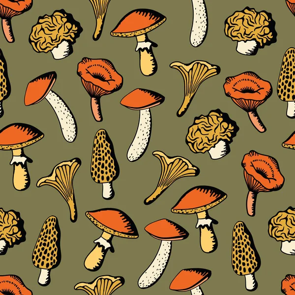 一个迷人的无缝图案的一系列奇形怪状的蘑菇 设置在舒适的橄榄色背景 图库插图