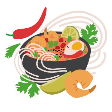 Laksa Çorbası 'nın Karides, Erişte, Yumurta, Kireç ve Taze Bitkilerle Siyah Kasede Vector İllüstrasyonu