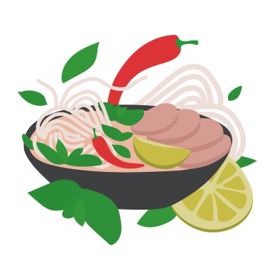 Siyah Kasedeki Pho Çorbası 'nın Vektör İllüstrasyonu. İçinde et, acı biber, şifalı otlar, erişte ve limon var.