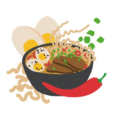 Etli, yumurtalı, erişteli, soğanlı, acılı ve siyah susamlı Ramen Çorbası 'nın Vektör İllüstrasyonu