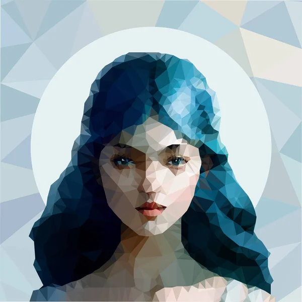 stock vector Moon Angel, Portrait of woman. Low poly angel, mystic girl with blue curly hair in moon light, night, fashion portrait of young woman, geometric, polygonal fantasy magic spirit