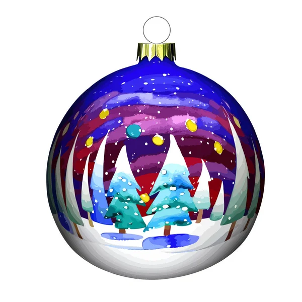 冬の風景とモミのためのベクトル水彩魔法のクリスマスボール 多色塗装クリスマスボール ハッピーニューイヤー 休日とメリークリスマス — ストックベクタ