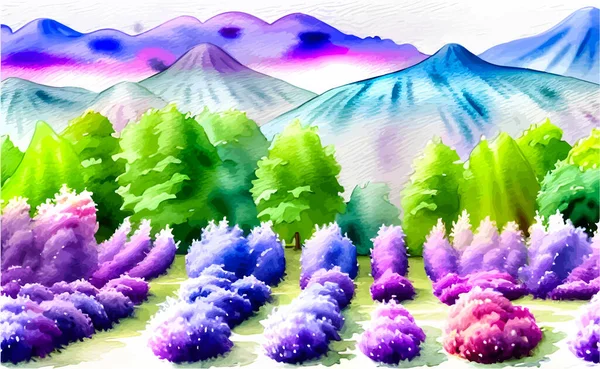 Pemandangan Cat Air Vektor Dengan Gunung Dan Pohon Lilac Ilustrasi - Stok Vektor