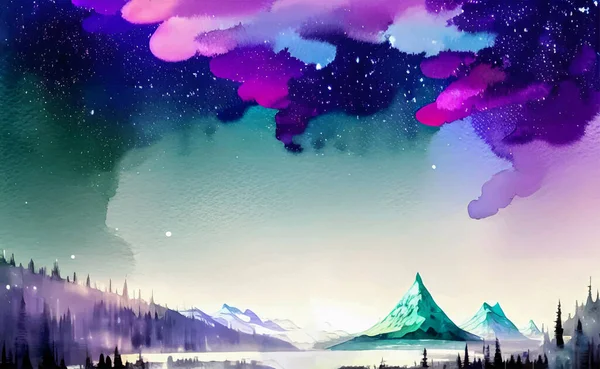 Vecteur Aurore Boréale Aquarelle Nuit Silhouette Abstraite Avec Montagnes Lac — Image vectorielle
