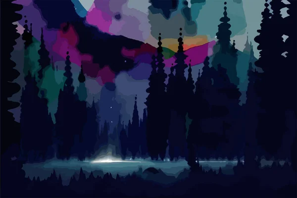 湖と山の風景とベクトル水彩夜抽象的なシルエット森林 ファンタジーアドベンチャーと旅行壁紙 — ストックベクタ