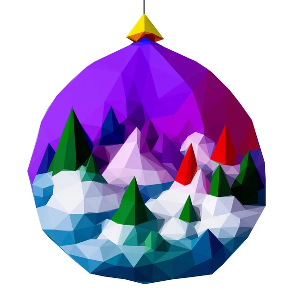 圣诞低矮波利魔法球3D山和螺钉 圣诞玩具中的夜景几何景观 离群索居的除夕夜 — 图库矢量图片