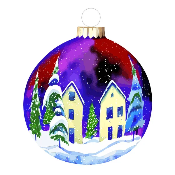 冬の風景とモミのためのベクトル水彩魔法のクリスマスボール 多色塗装クリスマスボール ハッピーニューイヤー 休日とメリークリスマス — ストックベクタ