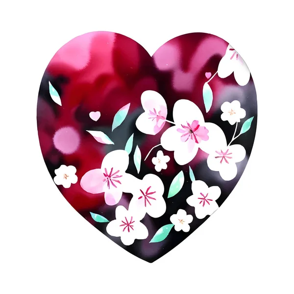 Corazón Rojo Vectorial Con Cereza Sangre Sakura Adorno Amor Del — Archivo Imágenes Vectoriales