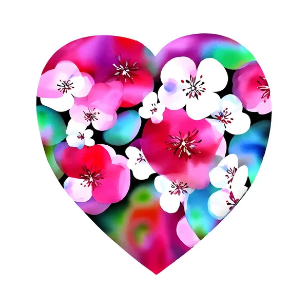 Vector Rood Hart Met Kers Sakura Bloesem Valentijnsdag Liefde Ornament — Stockvector
