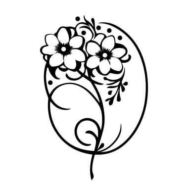 Grafik siyah ve beyaz dekoratif çiçekler, ceviz bahçesi karalama dalı, klasik dekor elementi