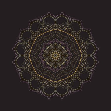 Round golden and pink mandala on grey isolated background.  Ethnic mandala with colorful tribal ornament Vector boho mandala, Yoga template