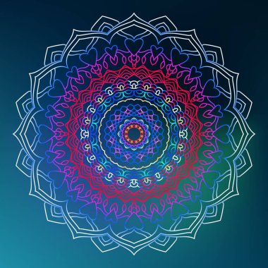 Round gradient mandala on blue isolated background.  Ethnic mandala with colorful tribal ornament Vector boho mandala in blue and red colors. Yoga template