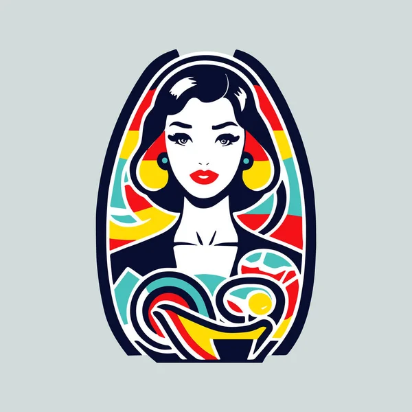 Buntes Porträt Logo Retro Stil Glamour Lady Spaß Und Künstlerisch — Stockvektor
