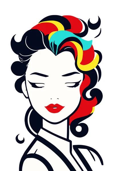 Logotipo Retrato Com Cabelo Colorido Senhora Glamour Design Moderno Divertido — Vetor de Stock