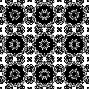 Siyah ve beyaz, dikişsiz desen. Çiçeksel süslemeli tek renkli damaske arka planı. Beyaz üzerine zarif bir süs. Dekoratif arka planı tekrarla. Süslü tasarım. Parmak izi, kumaş, duvar kağıtları için..