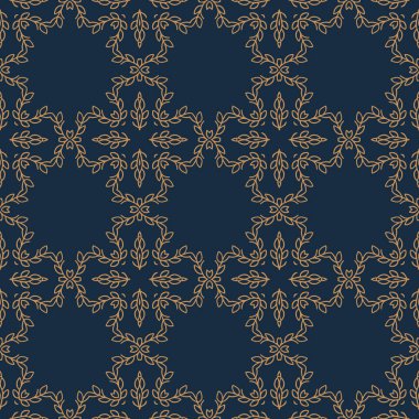 Mavi ve altın sarısı, dikişsiz desen. Çiçeksel süs eşyası arka planı. Zarif bir süs. Dekoratif arka planı tekrarla. Süslü tasarım. Parmak izi, kumaş, duvar kağıtları için..