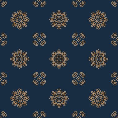 Mavi ve altın sarısı, dikişsiz desen. Çiçeksel süs eşyası arka planı. Zarif bir süs. Dekoratif arka planı tekrarla. Süslü tasarım. Parmak izi, kumaş, duvar kağıtları için..