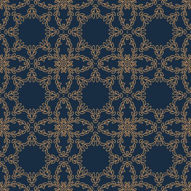 Mavi ve altın sarısı, dikişsiz desen. Çiçeksel süs eşyası arka planı. Zarif bir süs. Dekoratif arka planı tekrarla. Süslü tasarım. Parmak izi, kumaş, duvar kağıtları için..