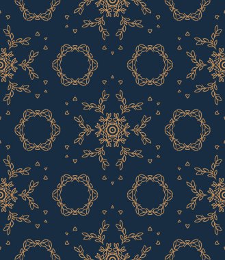 Mavi ve altın sarısı, dikişsiz desen. Çiçeksel süs eşyası arka planı. Zarif bir süs. Dekoratif arka planı tekrarla. Süslü tasarım. Parmak izi, kumaş, duvar kağıtları için..