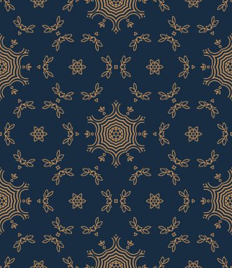 Mavi ve altın sarısı, dikişsiz desen. Çiçeksel süs eşyası arka planı. Zarif bir süs. Dekoratif arka planı tekrarla. Süslü tasarım. Parmak izi, kumaş, duvar kağıtları için..