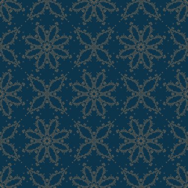 Mavi ve altın sarısı, dikişsiz desen. Çiçeksel süs eşyası arka planı. Zarif bir süs. Dekoratif arka planı tekrarla. Süslü tasarım. Parmak izi, kumaş, duvar kağıtları için..