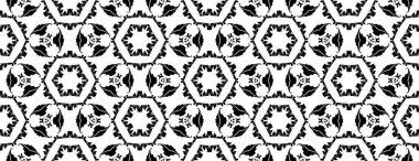 Siyah ve beyaz, dikişsiz desen. Çiçeksel süslemeli tek renkli damaske arka planı. Beyaz üzerine zarif bir süs. Dekoratif arka planı tekrarla. Süslü tasarım. Parmak izi, kumaş, duvar kağıtları için..