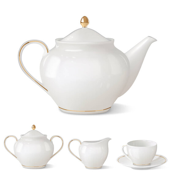 Teapot, sugar bowl, creamer, teacup on a white background. Vector illustration