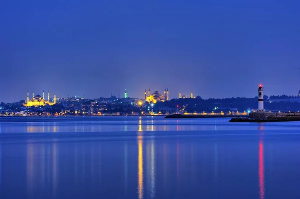 historical peninsola of istanbul in blue hours with amazing evenin view from anatolian part