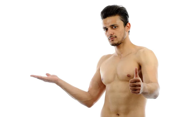 Muskularny Mężczyzna Odizolowany Białym Tle Pokazując Gest Dla Własnej Reklamy — Zdjęcie stockowe
