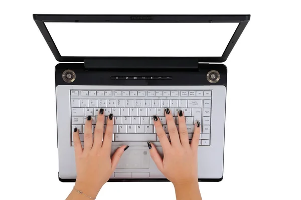 흰색에 컴퓨터 키보드를 아름다운 소녀의 — 스톡 사진