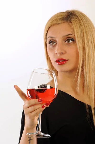 Portrait Young Beautiful Blonde Glass Red Wine Isolated White Background — Stock Photo, Image
