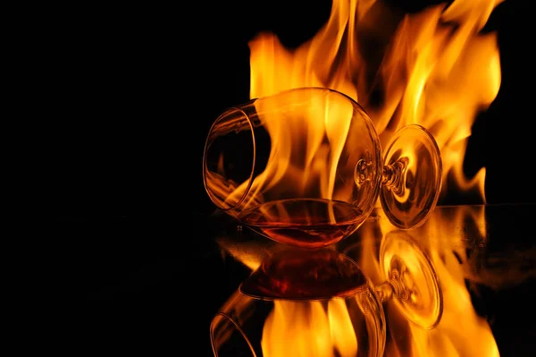 Cognac Glass Cognac Flames Black Background — Stock Photo, Image
