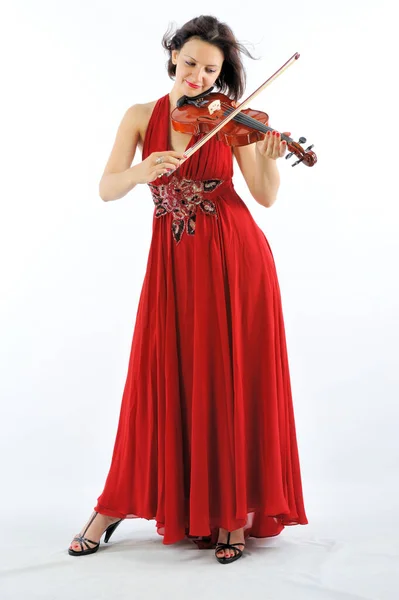 Jovem Mulher Vestido Vermelho Com Violino — Fotografia de Stock