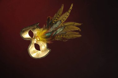 Koyu kırmızı arka planda kuş tüyleriyle süslenmiş maske