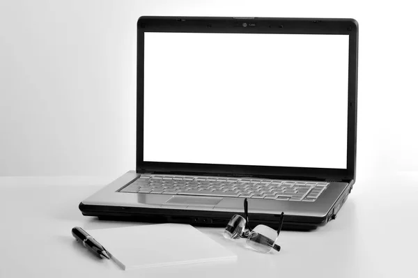 Laptop Mesa Fundo Luz Close Espaço Para Texto — Fotografia de Stock
