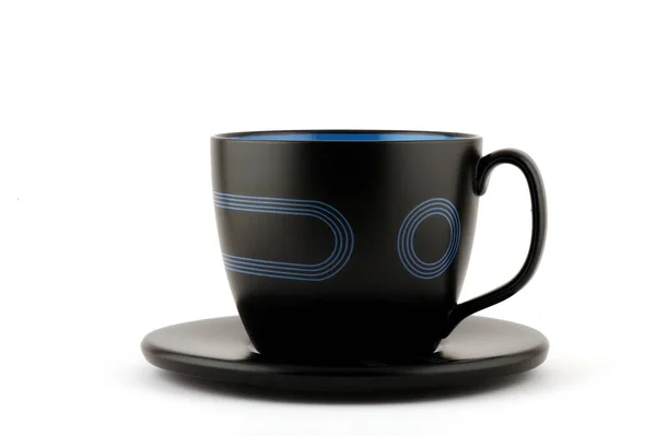 mavi çizgisel desenli siyah porselen bardak ve fincan tabağı
