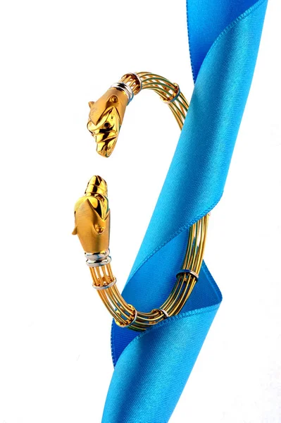 Gold Bracelet Men Wrapped Blue Ribbon — Stock Photo, Image