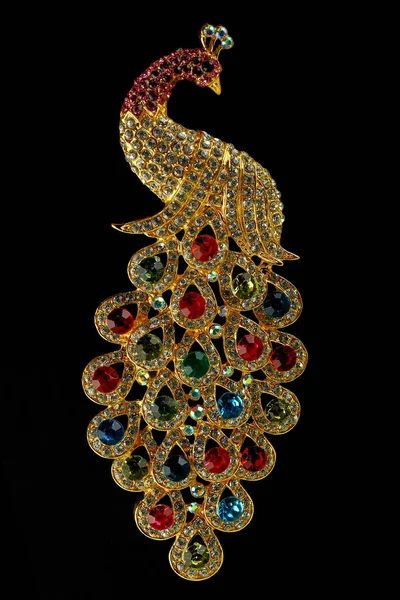 Peacock Brooch Made Precious Stones Women Isolated Black Background — Stock Photo, Image