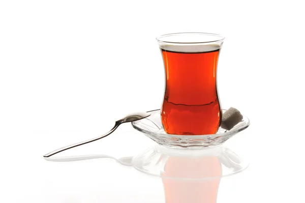 Classic Turkish Tea Glass Glass Plate Sugar Cubes White Background — Stock Photo, Image