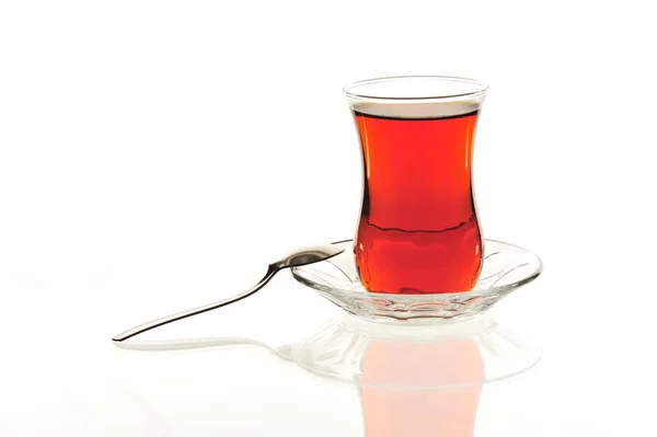 Classic Turkish Tea Glass Glass Plate White Background — Stock Photo, Image