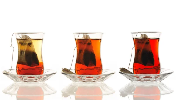 Three Glasses Turkish Tea Comparison Light Dark White Background — Stock Photo, Image