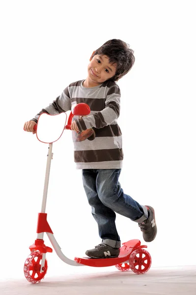 Little Boy Scooter White Background — Stock Photo, Image