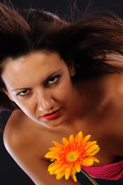 Retrato Hermosa Chica Sosteniendo Crisantemo Naranja Sobre Fondo Negro —  Fotos de Stock