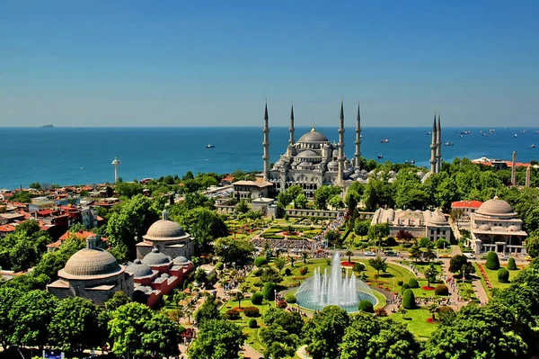 stock image Aeral view of the Blue Mosque in Istanbul and in sunny day with behind maramara sea