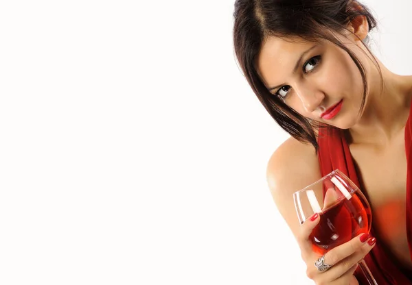 Красивая Молодая Женщина Красным Вином Белом Фоне — стоковое фото