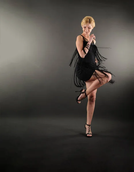 Beautiful Young Woman Black Dress Posing Gray Background — Fotografia de Stock