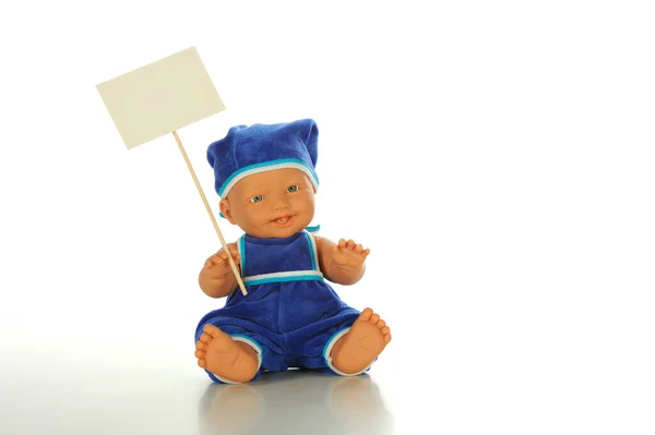 Schattige Baby Jongen Pop Blauwe Jumpsuit Hoed Houden Billboard Heeft — Stockfoto